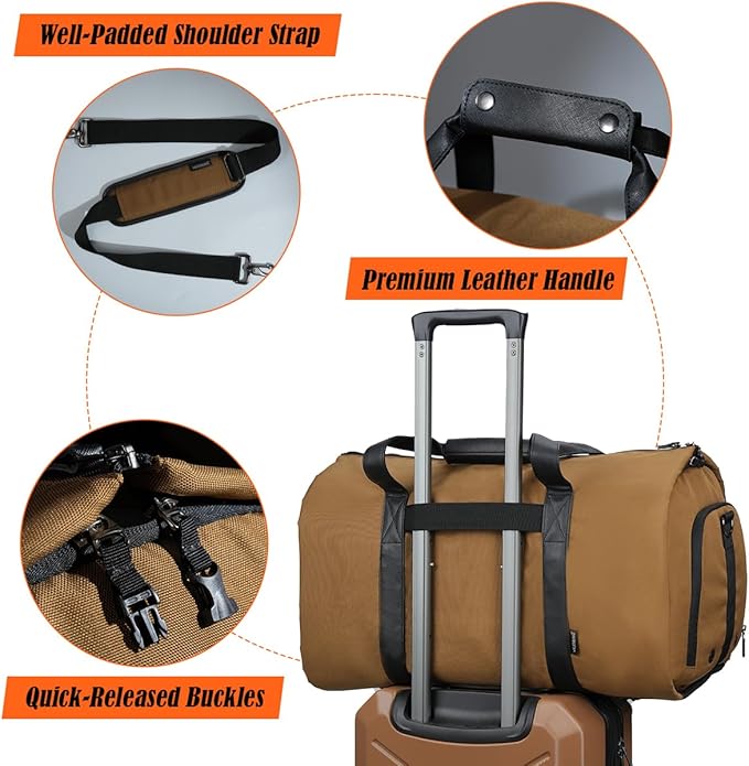 WELKINLAND 2-Suit Garment Duffle Bags for Travel Men, 60L-Large Carry on Garment Duffel Bag, Convertible Garment Duffel Bag w/Shoe Compartment, Foldable Garment Bags for Hanging Clothes Travel