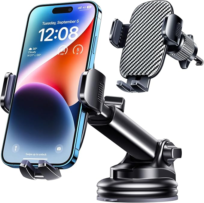 Phone Mount for Car Phone Holder [Military-Grade Suction & Stable Clip] Car Phone Holder Mount Windshield Dashboard Air Vent Universal Automobile Mount Fit for All Dash Mounting Kits iPhone