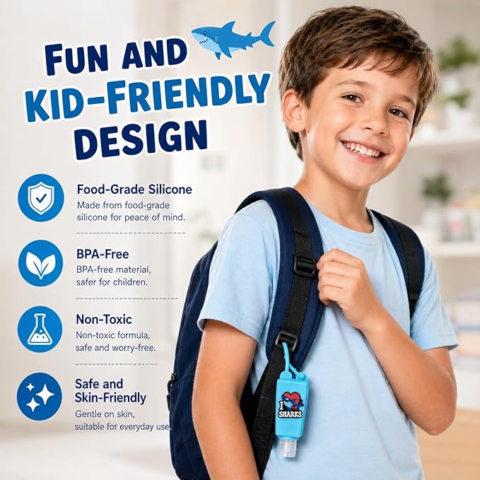 5-Pack Kids Cartoon Hand Sanitizer Holder (No Sanitizer Included), 30ml Refillable Travel Bottles with Silicone Case, Leak-Proof for Lotion & Liquid Soap (Sharky Splash)