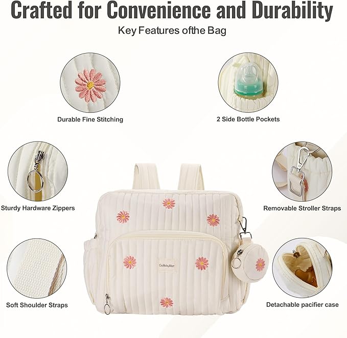 GOBABYMART Diaper Bag Backpack, Medium Maternity baby bag & Changing Pad, Insulated Pockets, Stroller Straps & Pacifier Case (Medium - Beige Flowers)