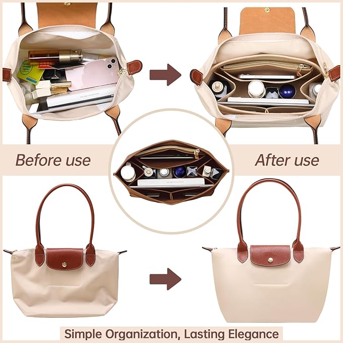 OPPOSHE Purse Organizer Insert for Longchamp Le Pliage, Premium Felt Long Champ Bag Handbag Women, Tote Organizer Insert with 6 Compartments (Small, Earth Brown)