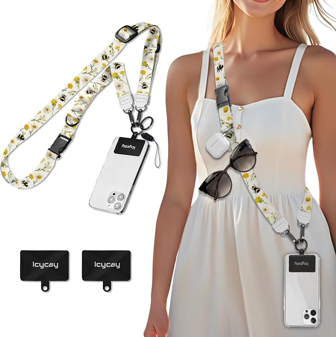 Icycay Phone Lanyard Crossbody, Floral Bee Cell Phone Strap for Around The Neck Adjustable, Flower Teacher Anti Theft Cute Lanyard for ID Holder Keys Accessories Travel Essential