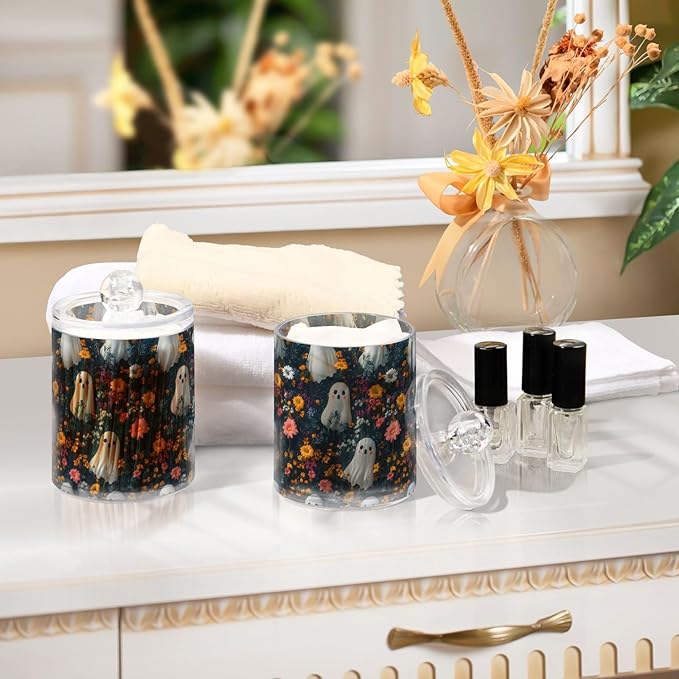 2 Pack Qtip Holder Organizer Dispenser Cute Ghosts with Flowers Bathroom Storage Canister Cotton Ball Holder Container for Cotton Pads/Swabs/Floss