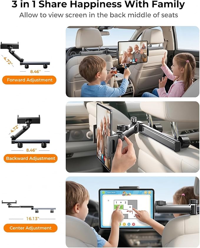 Tablet Holder for Car, 3 in 1 Extension Arm Adjustable Car Headrest Tablet Holder Road Trip Essentials Back Seat Tablets Cars Mount Compatible with iPad Pro, Air, Mini, 4.7-11" Devices