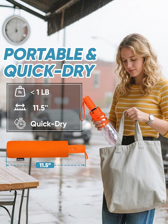 PTEROMY Windproof Travel Umbrellas for Rain and Sun, Withstands 85MPH Winds Auto Open Close Folding Umbrella with Ergonomic Handle, Quick Dry Canopy for Commuting or Backpack