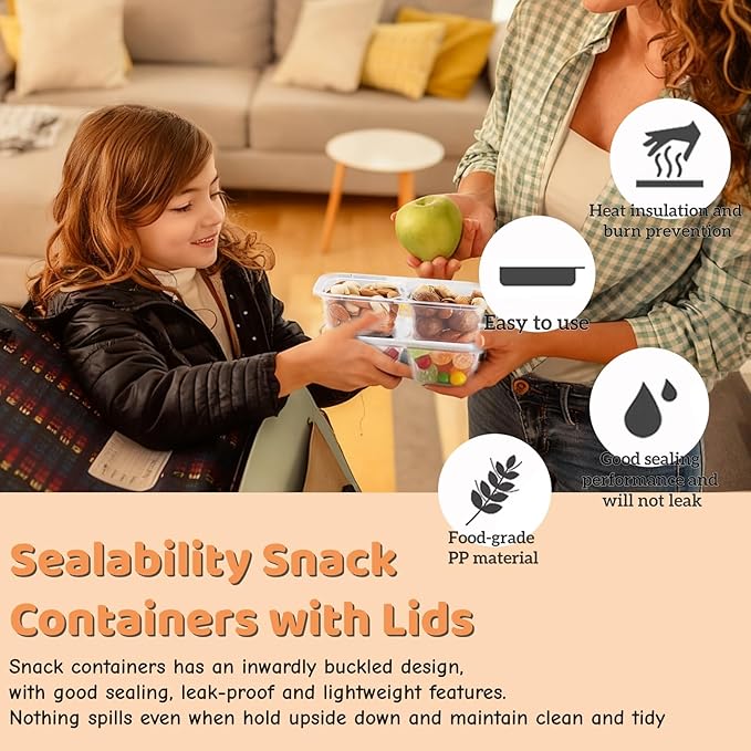 Snack Containers with Lids - 20PCS Reusable Double Compartment Condiment Containers for Portion Control, Microwave Safe Meal Prep Snack Containers for Lunch, Picnics, Parties