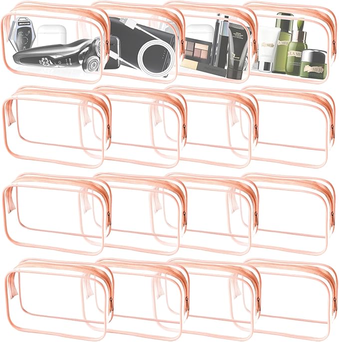 16 Pieces Clear Makeup Bags Bulk, TSA Approved Toiletry Bag for Travel, PVC Waterproof Travel Pouches Clear Pouch with Zipper for Men and Women Carry-on Travel Essentials Cosmetic Bags (Orange)