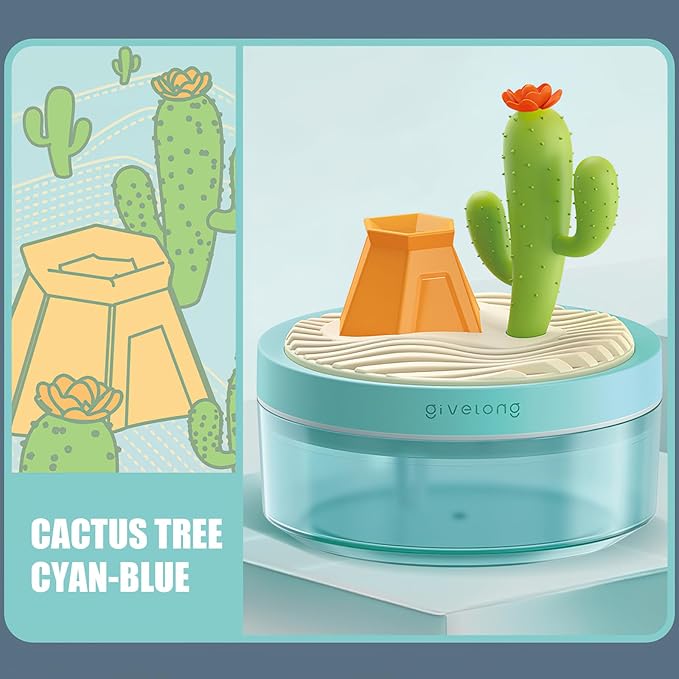 PRATIQUE Mini Portable Desktop Humidifiers for Bedroom,Small Humidifier with Cactus Landscape,Quiet,Cool Mist, Auto Off,7 Colors Night Light,320ml Air Humidifier Home Office Travel (GREEN)