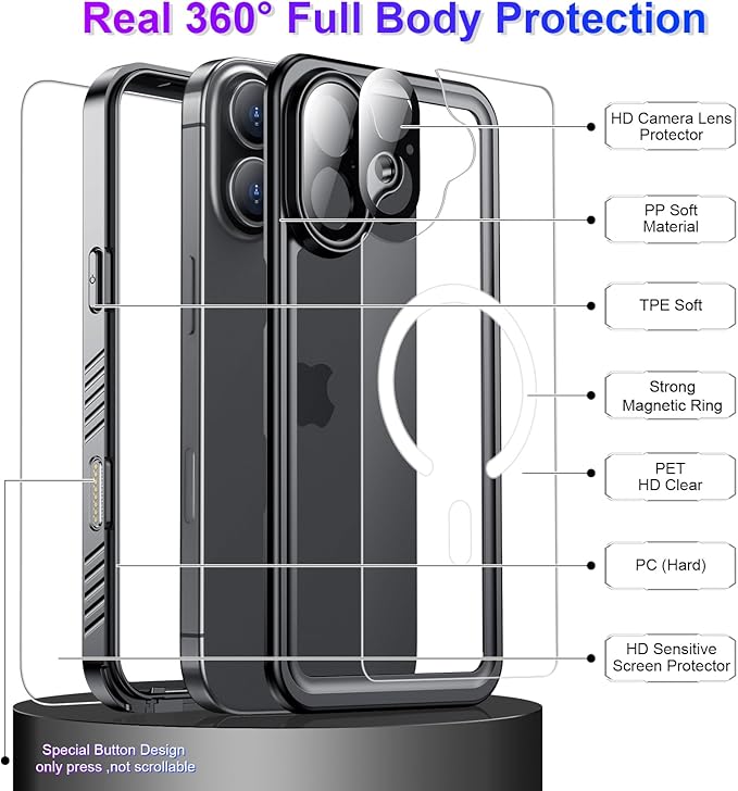 Magnetic Compatible with iPhone 17 Case,Waterproof Built-in Screen & Camera Protector IP68 Underwater Full Body 17FT Military Dropproof Shockproof Phone Case 6.3"-Mag/Black