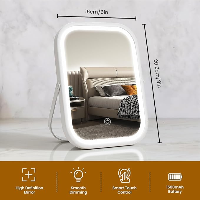 Rechargeable Travel Makeup Mirror, 8"×6" Small Vanity Mirror with Lights, 1500mAH Battery, 3-Color Lighting, Dimmable, 360° Rotation, Portable Desk Mirror with Storage Pouch, Travel Essentials (White)