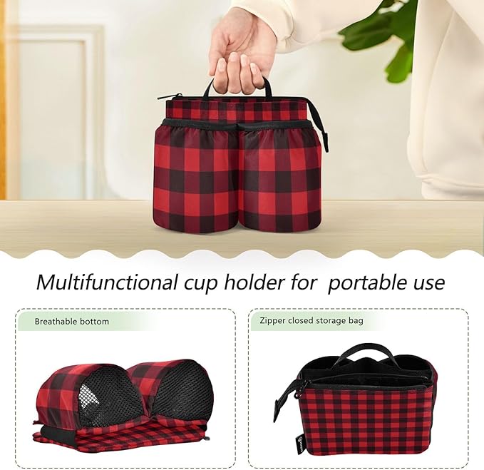 Luggage Cup Holder for Suitcases Free Hands Suitcase Cup Holder Travel Luggage Drink Holder Portable Luggage Cup Caddy Bag Carrier with Handle Red and Black Buffalo Plaid