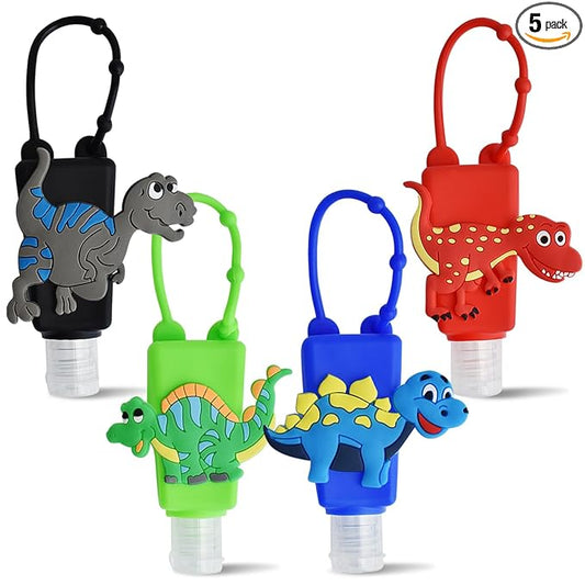 Refillable Travel Bottles Containers, 4 Pack Hand Sanitizer Travel Size Holder with Empty Silicone Bottles Case Keychain Carrier, Leak Proof Portable Bottle for Liquid Soap, Lotion (Dinosaur)
