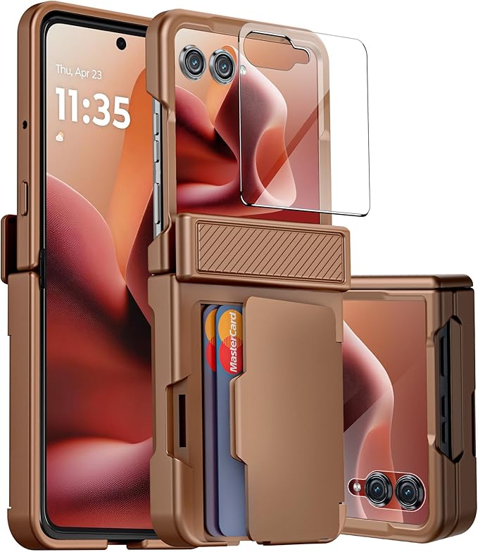 for Motorola Razr Ultra 2026/2025 Case with Card Holder RFID Blocking, Hinge Protection, Screen Protector, Full Body Rugged Shockproof Phone Case for Razr Ultra 2026/2025 -Desert Gold