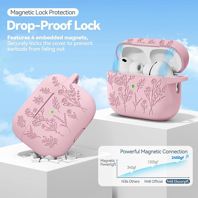 for Airpods Pro 3 Case with Magnetic Lid, Flower Engraved Cases for Apple AirPods Pro 3rd Generation 2025, Soft Silicone Cover for Women Girly with Cleaner & Keychain, Shockproof