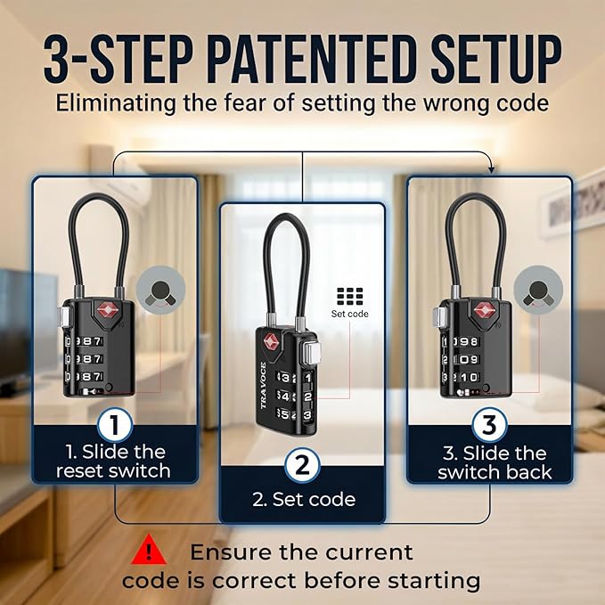 • TRAVOCE TSA Approved Luggage Locks - Heavy Duty 3 Digit Combination Cable Lock, Search Alert for Suitcases, Backpacks, Golf Bags, Tents, Violin and Camera Cases, 6 Pack, Black