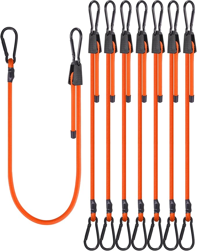 8 Pcs 48 Inch Adjustable Carabiner Bungee Cords with Hooks, Easy to Adjust from 7" to 48", Orange Bungee Straps with UV-Resistance & Superior Elasticity for Cargo, Bike, Luggage, Carts, Truck, etc