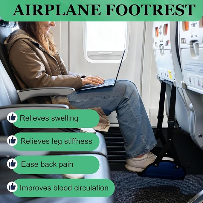 PATIKIL Airplane Footrest, Adjustable Foot Hammock with Hooks Foldable Memory Foam Footstool to Relax Feet Long Flight Airplane Travel Essentials for Under Office Desk, Black, Dark Blue