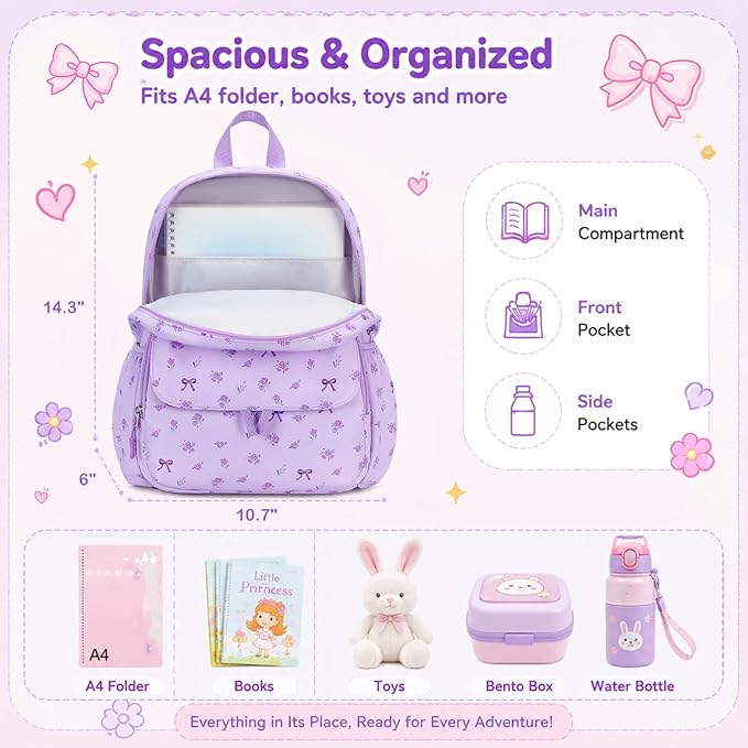 BTOOP Kids Backpack for Girls 4-6, Small Girls Backpack-Preschool Kindergarten School Bookbag with Insulated Lunch Compartment & Chest Strap for Girl (Purple-Bow, Age 3-6 (14.5" H Fit Folder))
