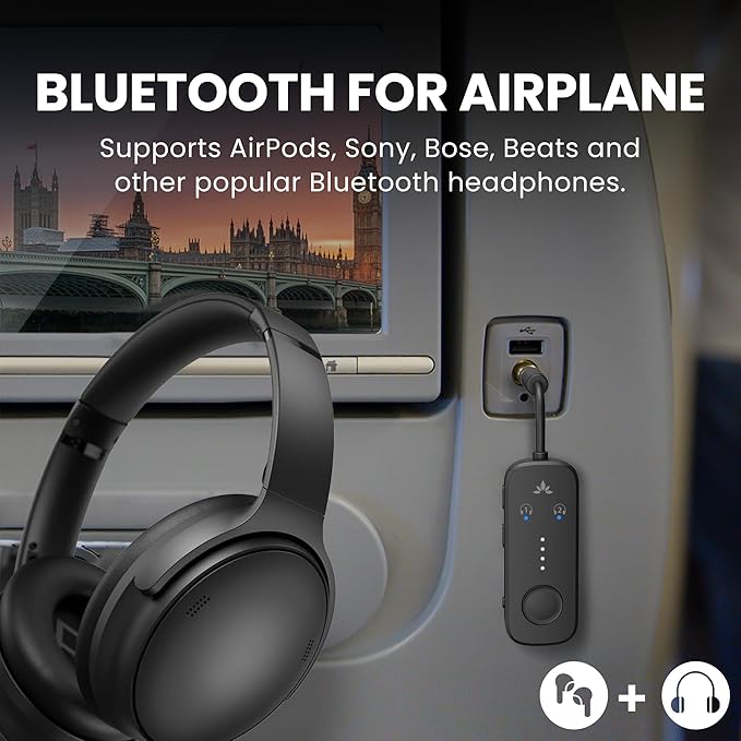 Avantree Relay – Airplane Bluetooth Adapter for AirPods, Bose & Wireless Headphones, Qualcomm Chip, aptX Adaptive & HD Audio Transmitter, 25Hrs Battery, 3.5mm AUX for Flight, Travel & Gym