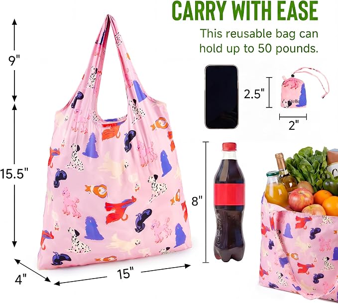 Stelle Lightweight Reusable Grocery Bag with Handles Ripstop Nylon Foldable Tote Shopping Bags for Travel and Groceries