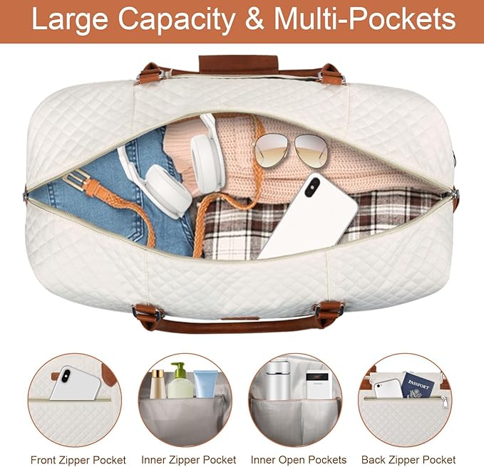 ITIEZY Weekender Overnight Bag for Women - Large Travel Duffel Bag with Shoe Compartment, Gym Duffel Bag Hospital Bag Carry On Tote Bags for Airplanes with Crossbody Bag Toiletry Bag 3Pcs Set