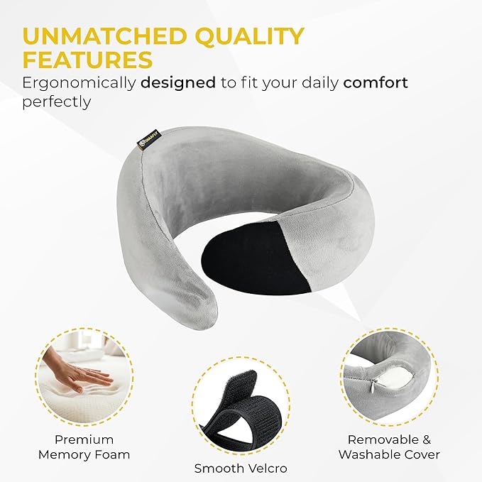Travel Neck Pillow – Airplane Travel Essentials with Ergonomic Memory Foam Comfort – Premium Travel Pillows for Airplanes and Long Journeys, Compact Carry Pouch (Grey)