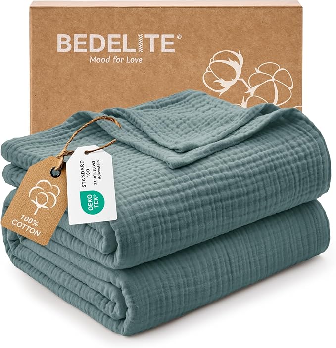 BEDELITE 100% Cotton Muslin Blankets for Adults - 4-Layer Queen Size Breathable and Lightweight Gauze Blanket for Couch, Bed, Travel and Summer, Soft & Cozy Gift for Women, Teal, 90"x90"