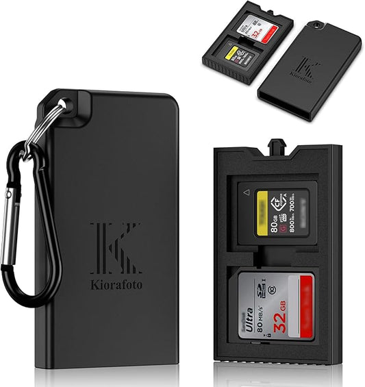 Pop-up Small Memory Card Case Holder for 2 SD SDHC SDXC Cards & 2 CFexpress Type A Cards with Carabiner, Portable Anti-Shock Splash-Proof SD CFA Card Case Storage Protector Organizer Keeper Container
