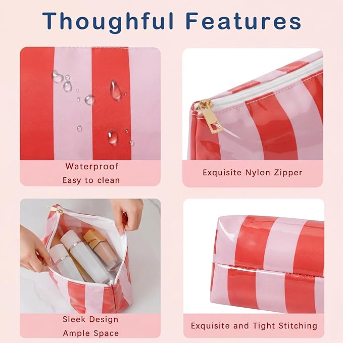 Large PVC Waterproof Striped Makeup Bag,Clear Coated Cosmetic Bags,Easy to Clean,Travel Organizer Zipper Pouch Beach Vacation Essentials for Women Girls(08Orange Pink)