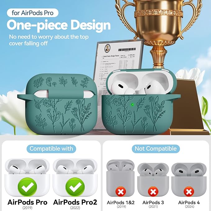 for AirPods Pro 2 Case with Magnetic Lid, Ekoonpft Flower Engraved Silicone Case for Apple AirPods Pro 2nd/1st Generation (2023/2022/2019) Cover with Cleaning Kit & Keychain