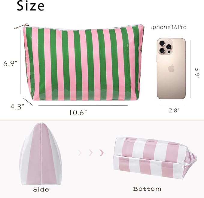 Large PVC Waterproof Striped Makeup Bag,Clear Coated Cosmetic Bags,Easy to Clean,Travel Organizer Zipper Pouch Beach Vacation Essentials for Women Girls(09Pink Green)