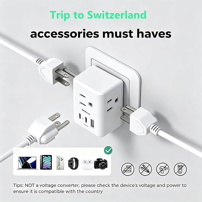 2 Pack Switzerland Travel Plug Adapter, Type J Power Adapter Works in Switzerland, Liechtenstein, Rwanda, 3 Outlets 3 USB Ports, Travel Essentials