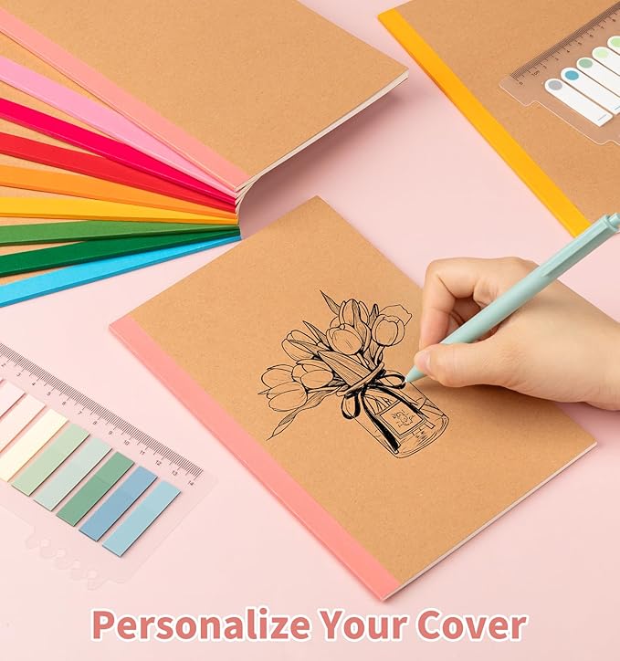 ALKALO 6 Pack Lined Notebook Journals Bulk, A5 College Ruled Composition Notebook, 8.3”x 5.5”,Kraft Cover with Rainbow Spines, 6 Colors 60 Pages for School Office Travel
