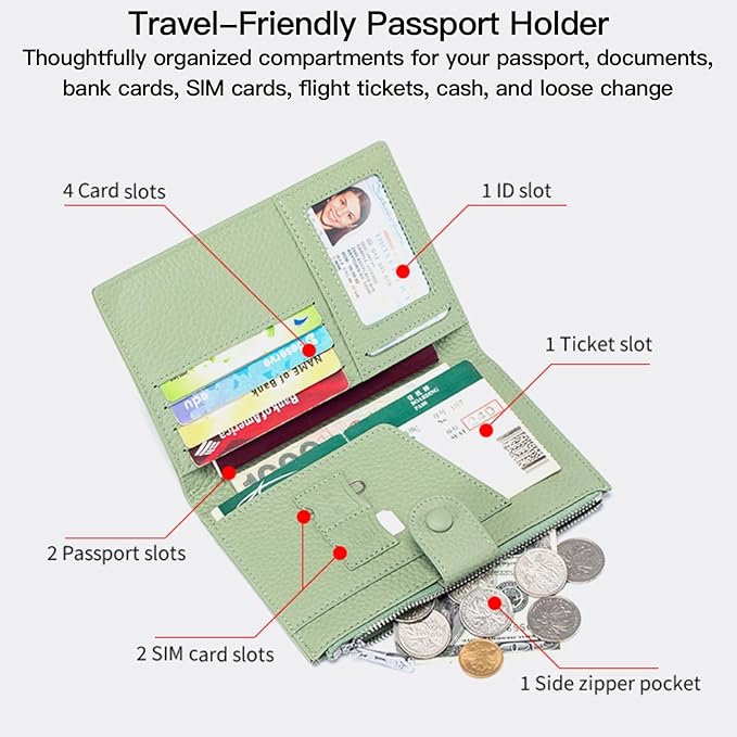 Genuine Leather RFID Blocking Passport Holder Wallet, Multi-Functional Travel Document Organizer with SIM Card Slots (Green)