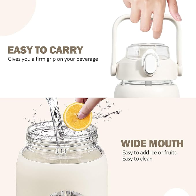 56oz Glass Water Bottles with Straw, Motivational Glass Bottle with Silicone Sleeve and Time Marker, Leakproof Large Glass Water Jug for Gym Home Office,White