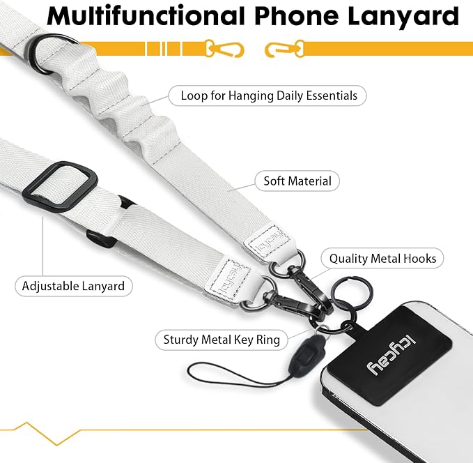 Icycay Phone Lanyard Crossbody, White Cell Phone Strap for Around The Neck Adjustable, Minimalist Teacher Anti Theft Cute Lanyard for ID Holder Keys Accessories Travel Essential