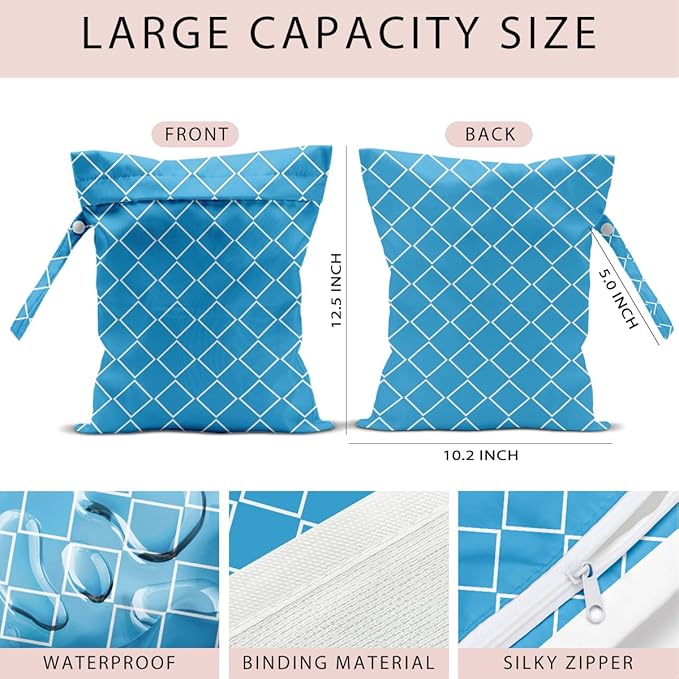 Wet Bag, 4Pcs Wet Dry Bag Set, Reusable Waterproof Bags with Blue Diamond Lattice for Women, Ideal for Beach Vacations, Pool Days, Travel & Daily Essentials Storage