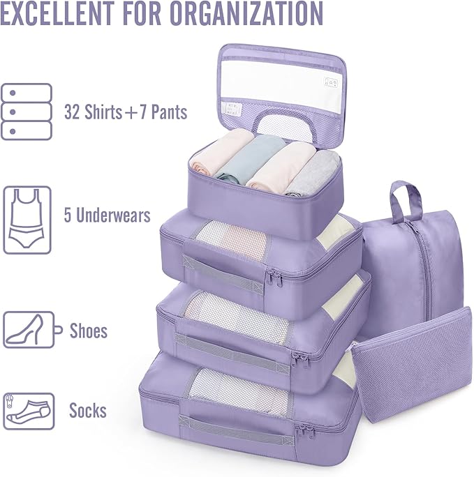 Veken 8 Set Packing Cubes for Travel Essentials,Anti-Wrinkle Buckled Suitcase Organizer for Shoe & Toiletry Bag,Carry On Luggage Bag for Airplane & College Dorm Room Accessories,Women Men Gifts