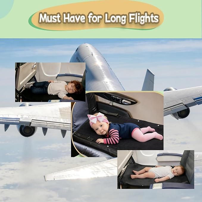 Large Black Toddler Airplane Bed with Cloth Book, Portable Airplane Seat Extender Travel Bed for Kids, Soft Baby Plane Travel Essentials for Flying, Toddlers Long Flight Must Haves Footrest
