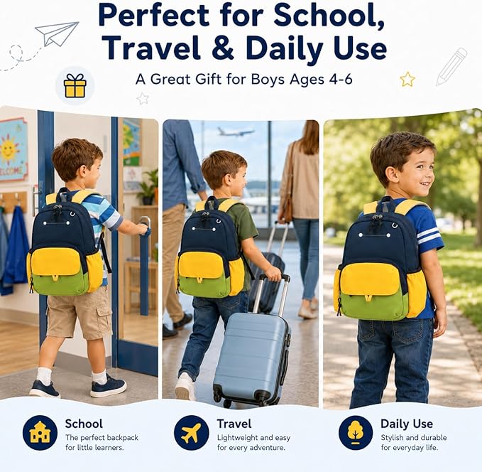 BTOOP Kids Backpack for Boys 3-6, Preschool Kindergarten Backpack with Insulated Lunch Compartment & Chest Strap, Cute Lightweight School Travel Bag Fits A4 Folder