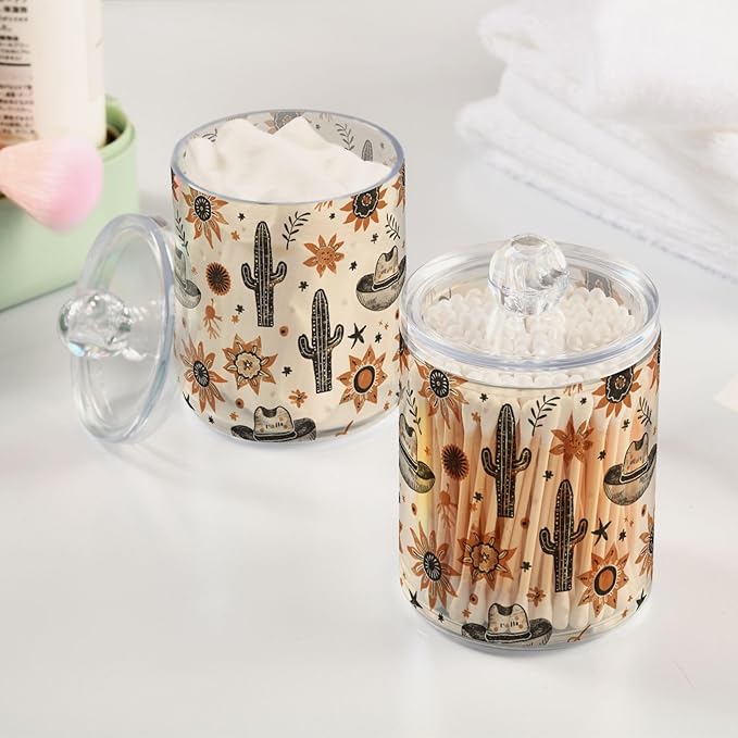 2 Pack Qtip Holder Organizer Dispenser Western Cowboy Hats Suns Cactus Bathroom Storage Canister Cotton Ball Holder Container for Cotton Pads/Swabs/Floss