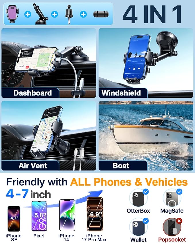 YRU True Military-Grade [360° Rotation Suction] 2026 Ultimate Car Phone Holder Mount 【90+LBS Safest Strongest & Patent Certs】 Dashboard Windshield Vent for iPhone 17 16 Pro Max Samsung, Purple