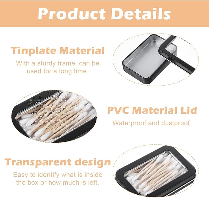 4 Pcs Travel Cotton Swab Holder, Portable Floss Pick Holder, Clear Dustproof Travel Qtips Case with Lid, Metal Cotton Ball Holders for Dental Floss, Hair Ties & Small Items (Black)