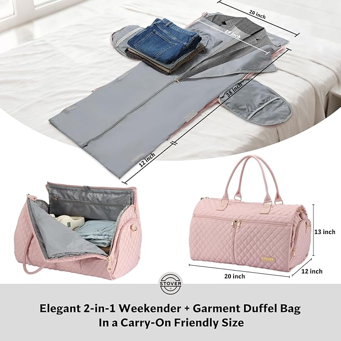 STOVER Women’s Convertible Garment Duffel Bag for Travel – 2-in-1 Carry-On Weekender/Overnight Tote - Wrinkle-Free Dresses, Suits & Clothes + Shoe Compartment & Bonus Toiletry Bag (Blush Pink)