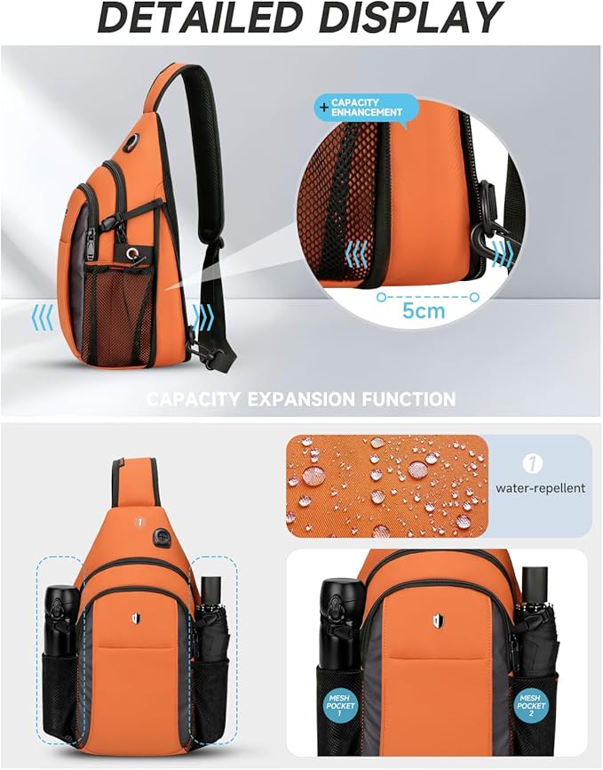 Expandable Sling Bag for Women, Anti-Theft Crossbody Bag with Side Pocket & Earphone Hole, Hiking Chest Pack for Travel, College & City Commute, Fits 11 inch iPad, Switch 2, Orange