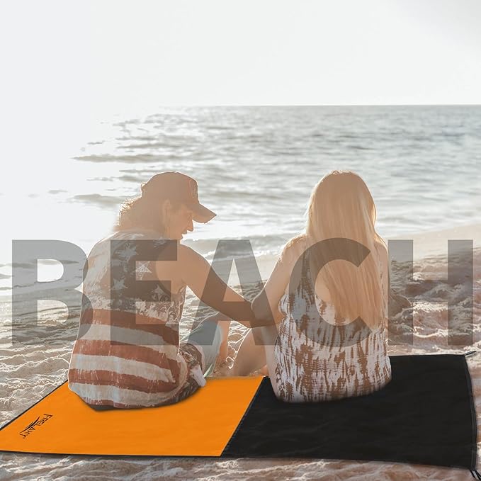 Frelaxy Pocket Picnic Blanket, Waterproof Sandproof Beach Mat, Compact Camping Tarp for Festivals, Hiking, Travel, Outdoor Recreation (Orange, 57'' x 60'')
