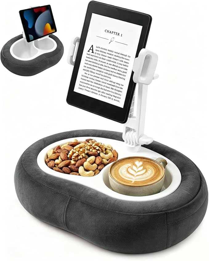 Miledi Tablet Pillow Stand, Compatible with 5"-12.9" Kindle, iPad, Phone/Tablet, 360° Rotating Phone Holder for Bed, Soft Plush Fabric, Detachable Bowl, Reading and Relaxation on Bed, Black