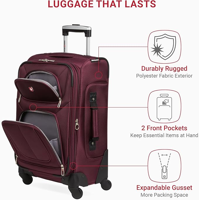 SWISSGEAR Sion Softside Expandable Spinner Luggage Durable Lightweight Travel Suitcase, Merlot, Carry-On
