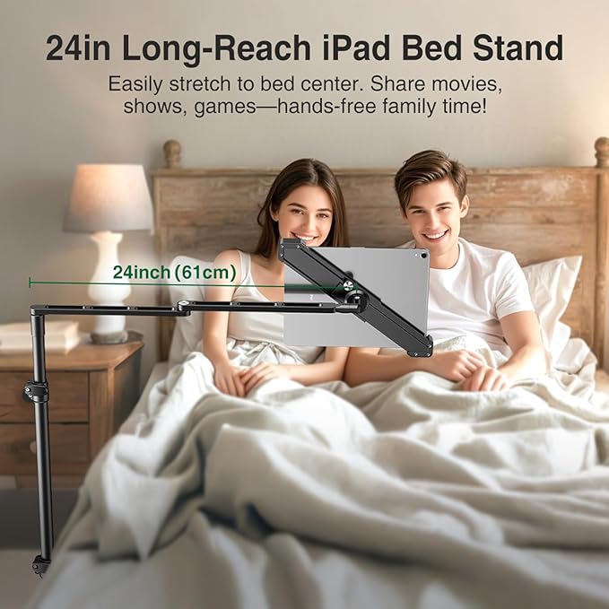 elitehood Diagonal Design iPad Floor Stand with Heavy Duty Base, 24in Horizontal Long Arm Tablet Floor Stand Holder for Bed Recliner Sofa, Compatible with iPad mini Air Pro 13/12.9 and 9-13in Devices