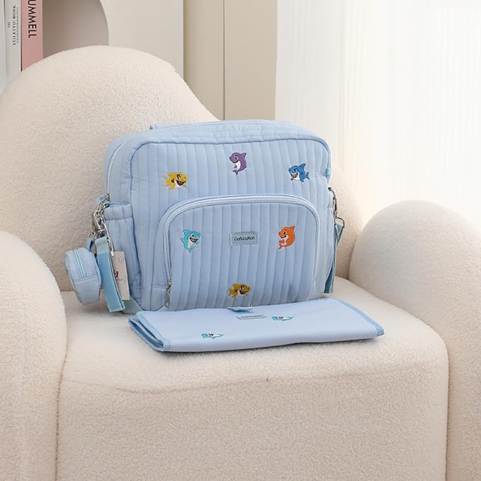 GOBABYMART Diaper Bag Backpack with Changing Pad - Travel Baby Bag, Insulated Bottle Pockets, Stroller Straps (Medium - Blue Sharks)
